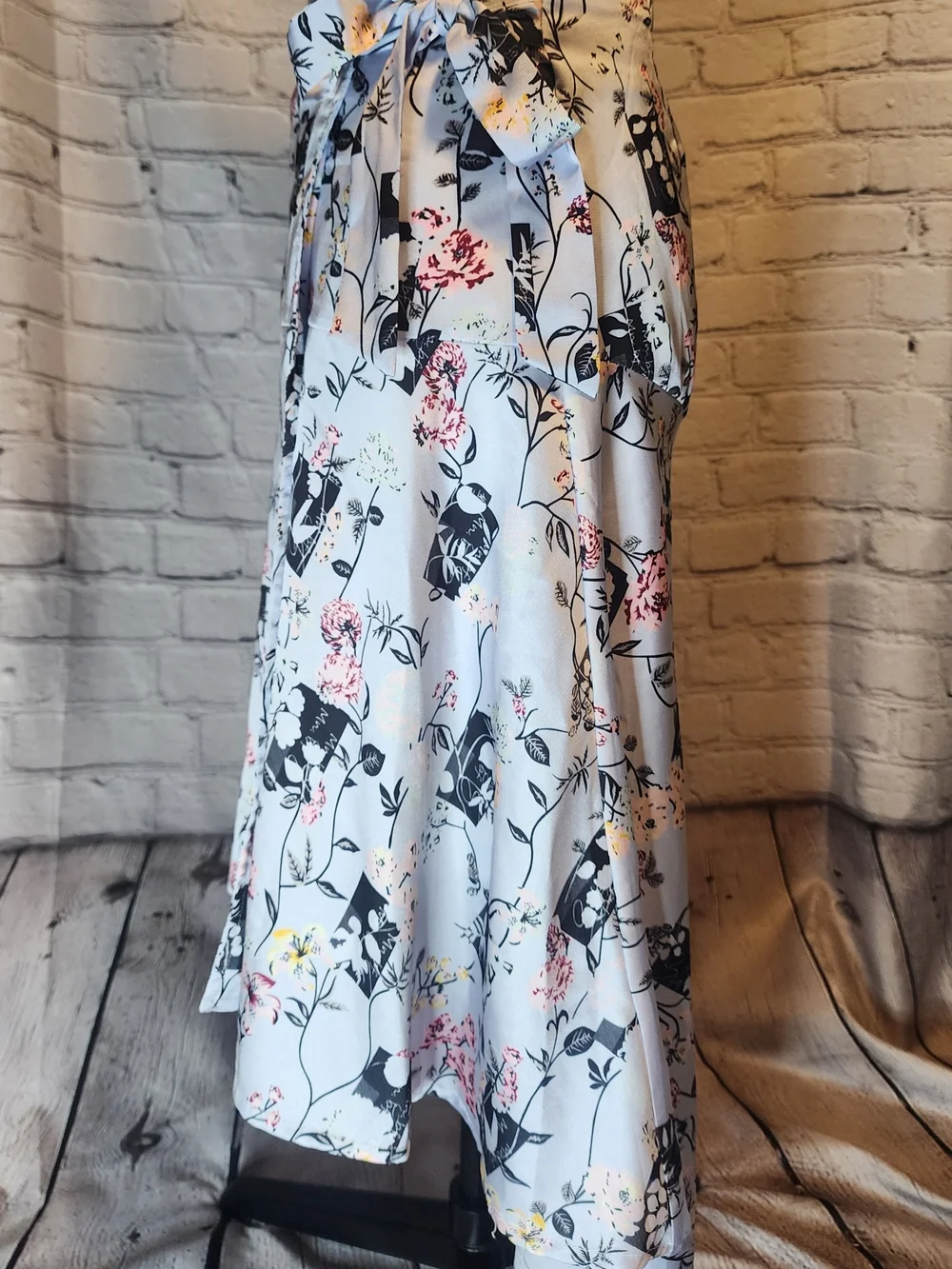 InShop Floral Wrap Skirt in White with Black & Soft Pink Blooms